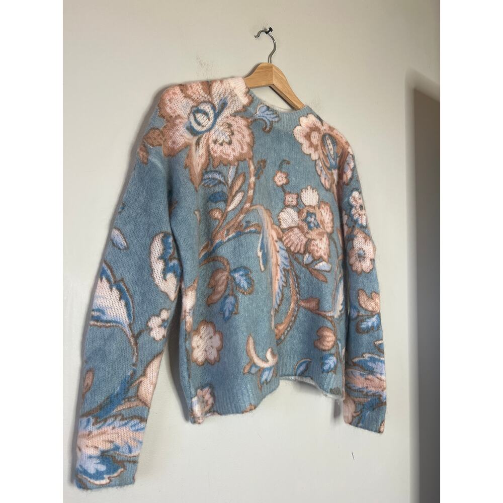NEW Sezane Round Neckline Long Sleeved Floral Print Sweater Light Blue Size: XS - Picture 3 of 7